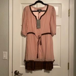Pastel pink mini flowing dress with brown trimming size Medium